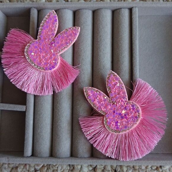 Pink Easter Bunny Sequin & Tassel Stud Earrings - Picture 1 of 9